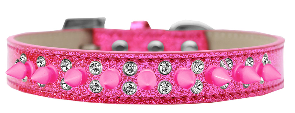 Double Crystal and Bright Pink Spikes Dog Collar Pink Ice Cream Size 20
